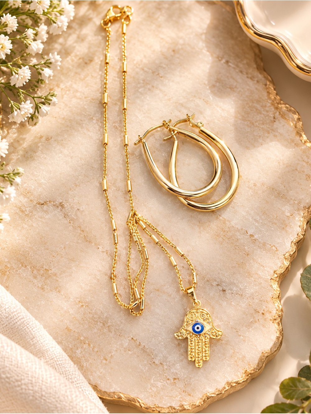 Gold Hamsa Pendant Necklace with Hoop Earrings - Gold